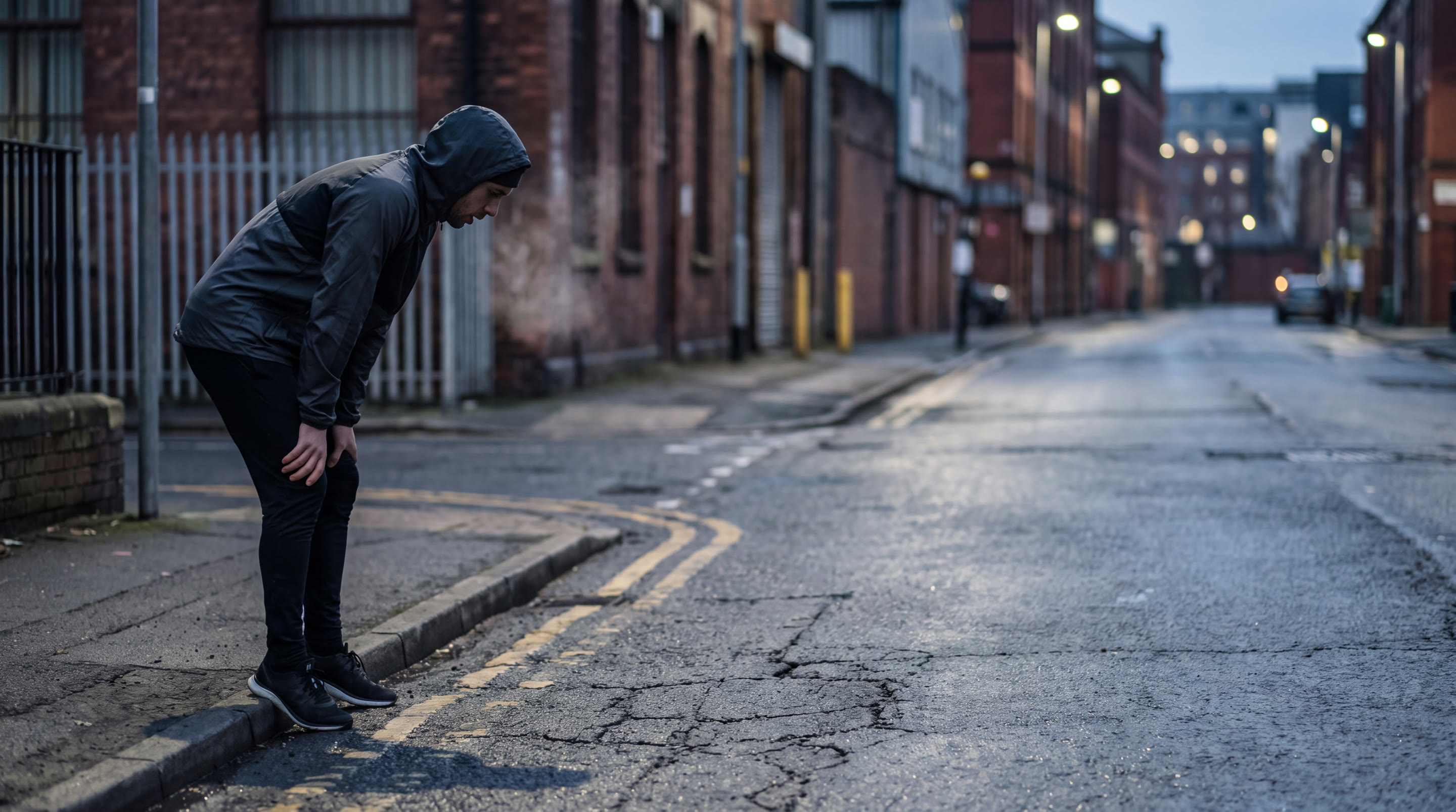 A runner stopped at a kerb on an empty city street at dusk, hands on knees, breath settling.