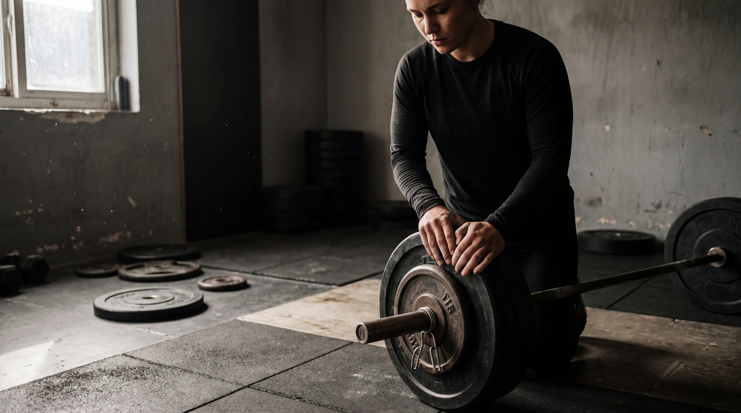 An athlete bent over a loaded barbell between sets, hands resting on the plate.