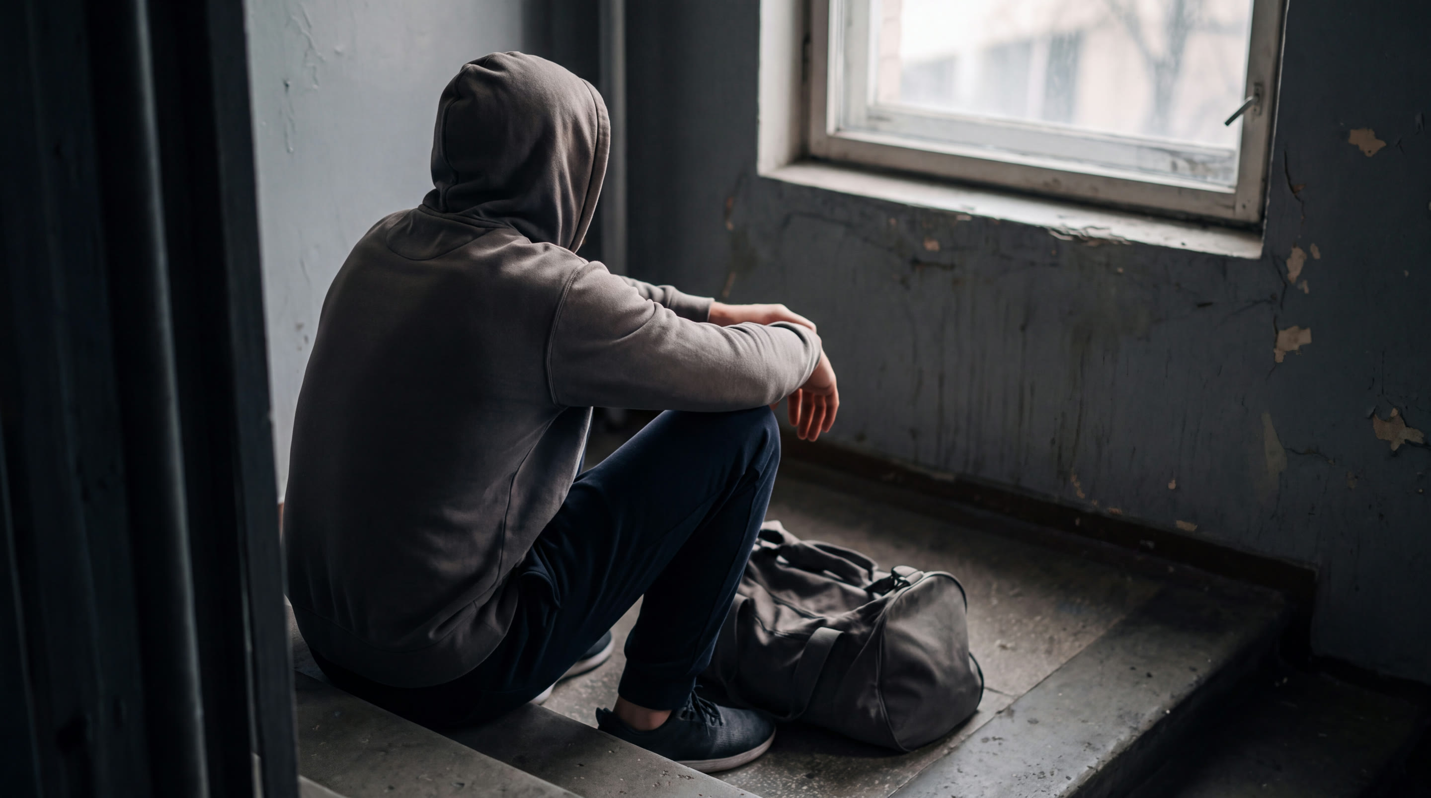 An athlete sitting on a step by a window after training, hood up, kit bag beside them.