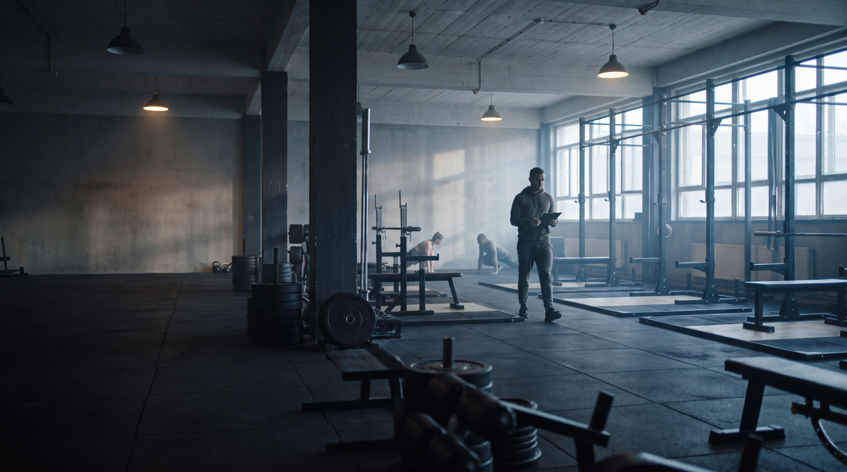 A strength and conditioning gym floor early in the morning: a coach crossing the room with a tablet while a few members begin training.
