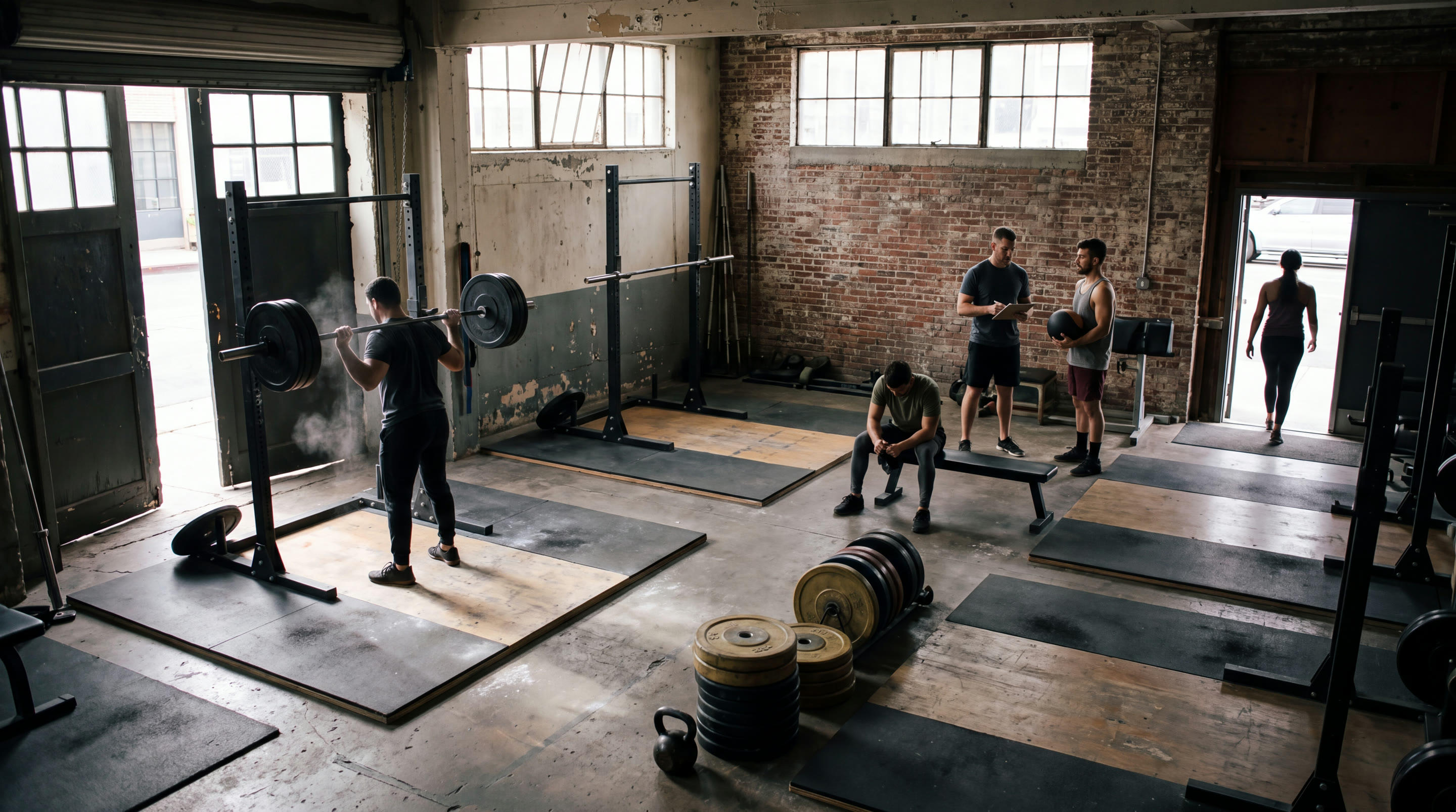 A gym floor mid-morning with several separate things happening at once: a coach making notes with a member, someone resting between sets, and a member leaving through the door.
