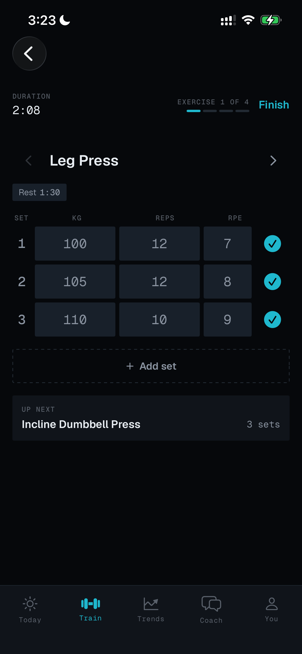 Milo training session showing completed leg press sets with weight, reps, and RPE